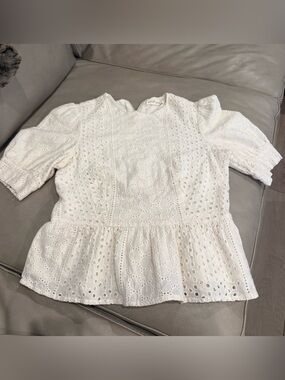 White/ivory Eyelet Peplum Tunic with Puff Sleeves